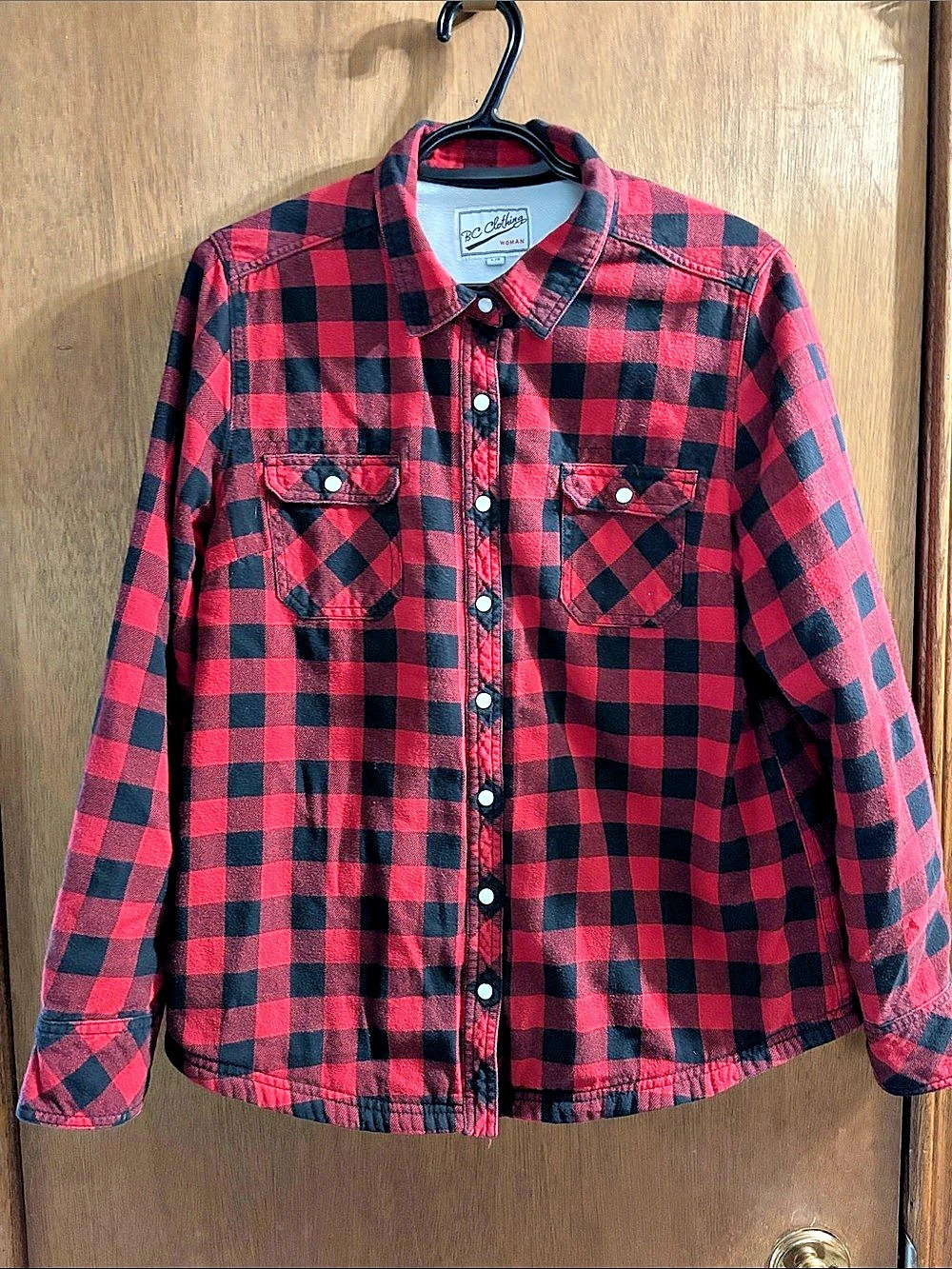 BC Clothing Women's Red and Black Buffalo Plaid Fleece Lined Flannel Shirt